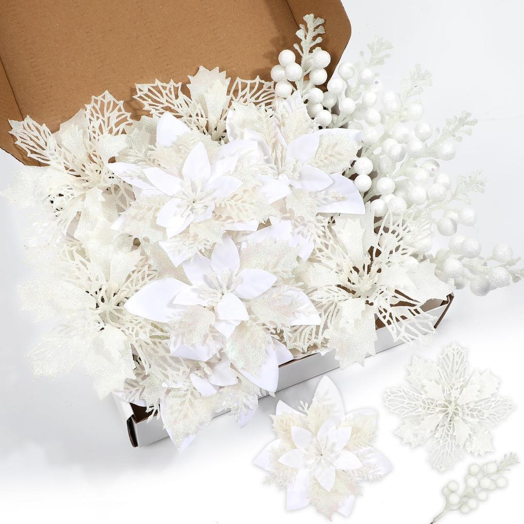 Sawowkuya 22 Pcs White Poinsettia Artificial Flowers & Glitter Berries Stems Kit, Christmas Poinsettias Decorations & Ornaments for Xmas Home Wedding Holiday Tree Decor