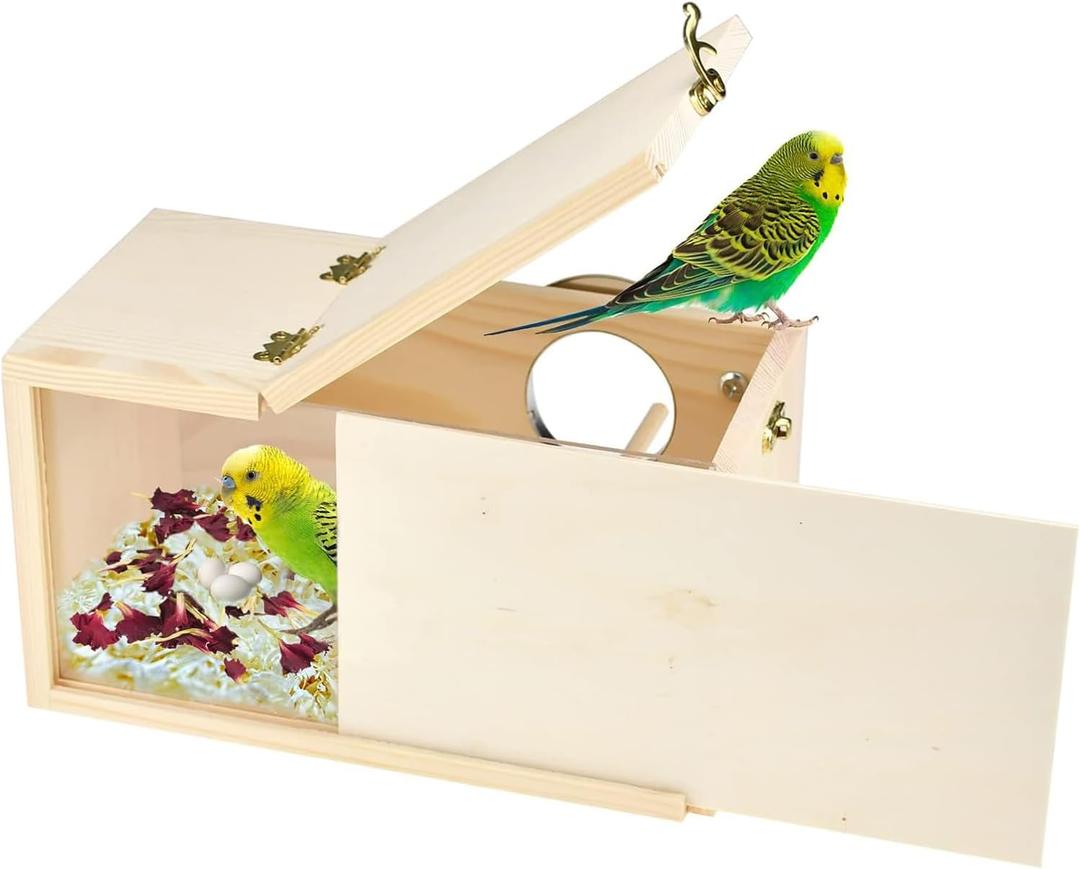Parrot Nesting Box Cockatiel Nesting Box Bird Breeding Box House Handcrafted Wooden Acrylic Transparent Bird Box with Detachable Wooden Board for Parakeets Cockatiel Budgie Conure Parrot S (S(9.1"X5.7"X5.7"))