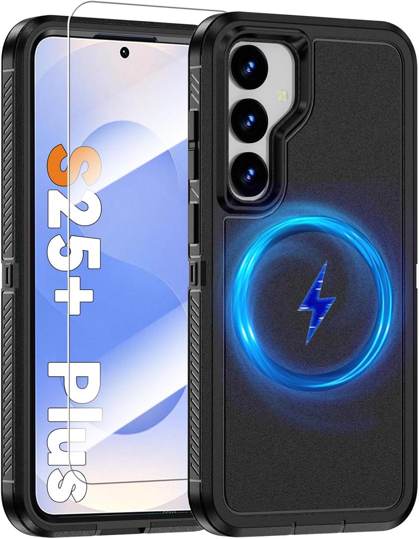 Magnetic Case for Samsung Galaxy S25+ Plus with Screen Protector [Compatible with MagSafe Wireless Charging] [Dual Layer Military-Grade Protection] Heavy Duty Rugged Shockproof Protection Cover, Black
