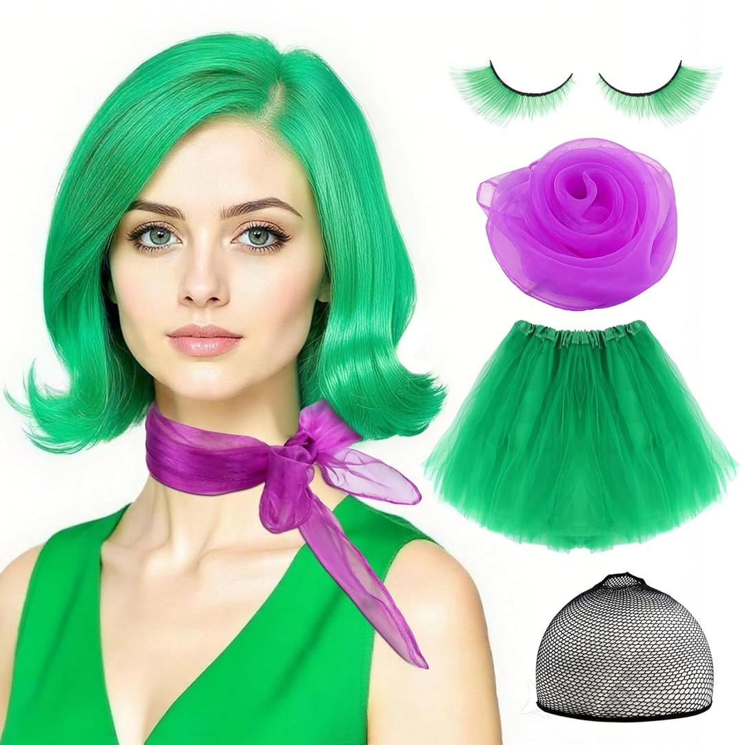 Women Green Costume Wig Set  4Pcs Adult Short Green Cosplay Wig Adjustable with Wig Cap, False Eyelashes, Purple Scarf & Puff Skirt  Character Outfit for Halloween, Anime, Party & Cosplay
