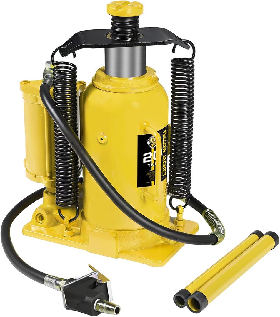YELLOW JACKET 20 Ton Pneumatic Bottle Jack  Heavy-Duty Air/Hydraulic Lift for Trucks & Autos, Manual & Air Pump Operation, Yellow