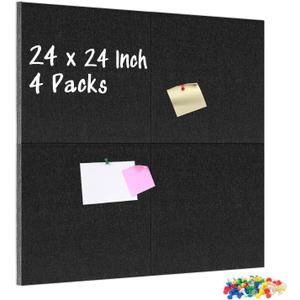 DOLLAR BOSS Felt Cork Board Tiles, 4 Packs 12" x 12" 1/2" Thick Cork Bulletin Board Self Adhesive Acoustic Panels Soundproof Corkboards for Walls with 40 Pushpins for Home Office Kitchen School, Black