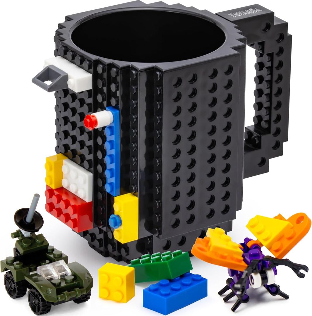 Build on Brick BPA-Free Creative Cups for Kids - Building Block Mug DIY Idea with Building Bricks, 16OZ (Black)