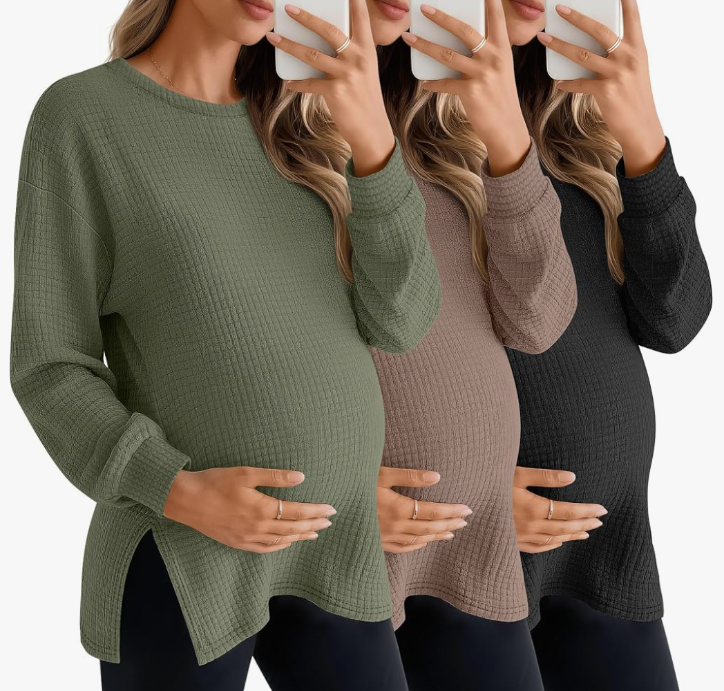 3 Pack Women's Maternity Shirts Long Sleeve Waffle Knit Side Split Oversized Tops Pregnancy Clothes Fall Tees (L, Army Green, Coffee, Black)