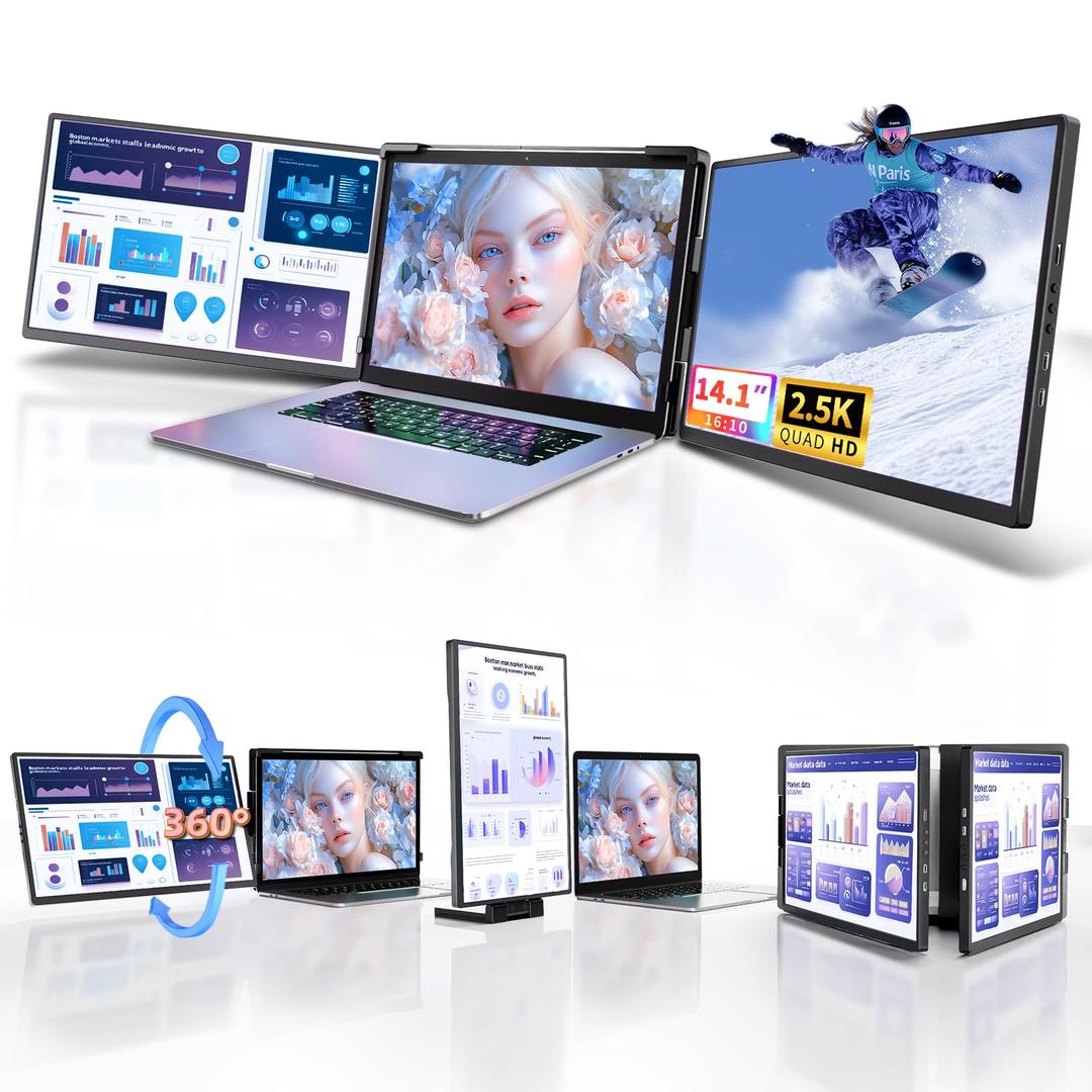 Laptop Screen Extender Monitor Portable - 2.5K Triple Laptop Screen Extender, Plug and Play Multiple Screens Extended Fits 13-17.3 Inch Laptops Compatible with, Windows, Chrome, Dex