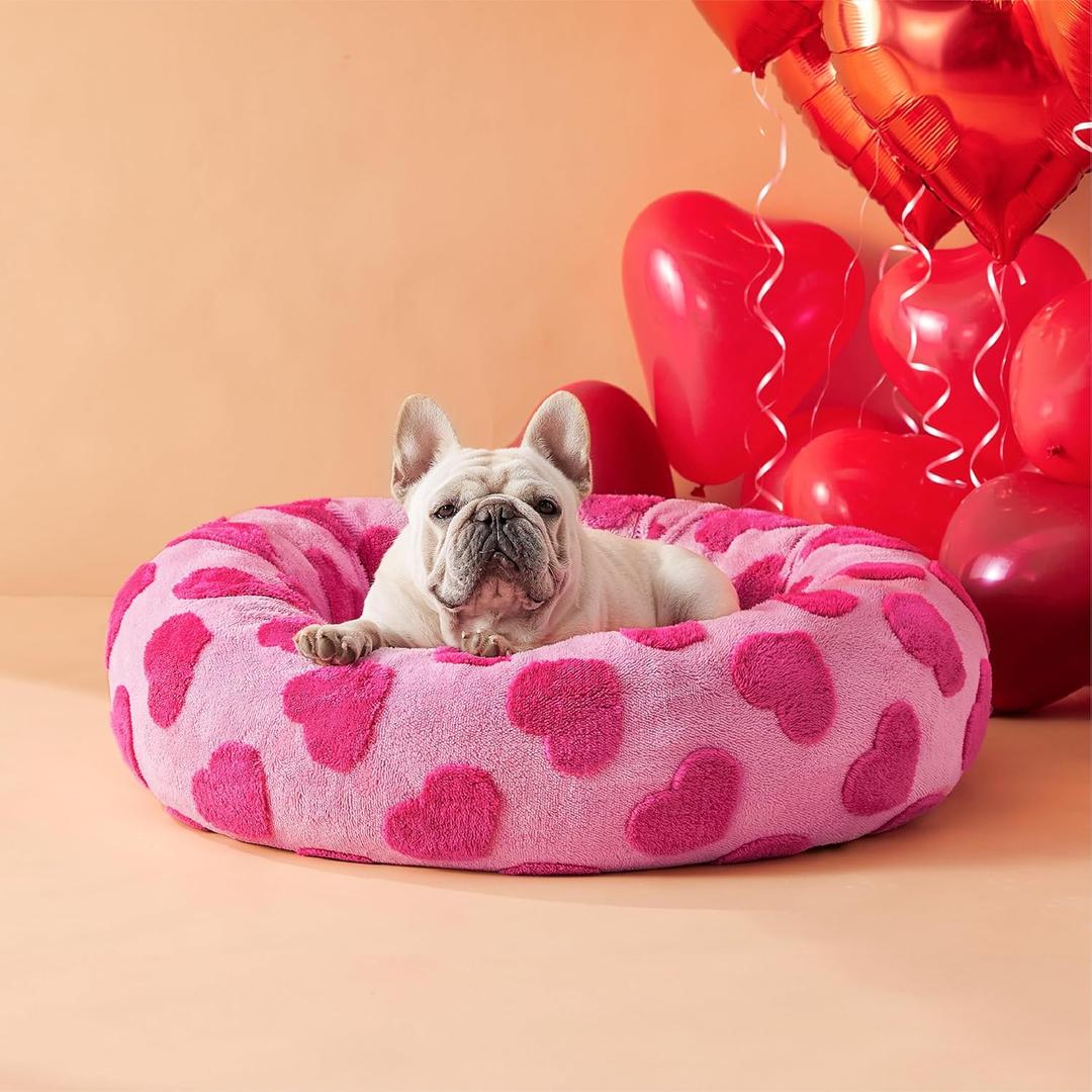 Lesure Donut Medium Dog Bed - Round Cat Beds for Indoor Cats Anti-Anxiety Calming Pet Beds, Washable Cute Modern Beds with Teddy Sherpa Plush & Anti Slip Bottom, 30 Inch, Heart Pink