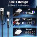 Travel Essentials Dual Type-C Port 4 in 2 Multi Charging Cable for iWatch Charger/iPhone17/IP, Cruise Essentials 2026, USBA/USBC Cable for iWatch Ultra/SE/11-2, iPhone17-8, GalaxyS26, Car- 2Pcs 5FT