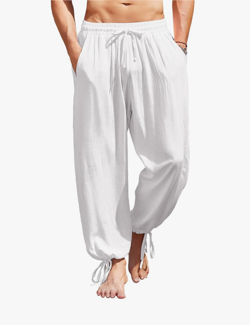 Men's Cotton Linen Pants Casual Harem Pants Elastic Waist Beach Boho Yoga Trousers, Size Large