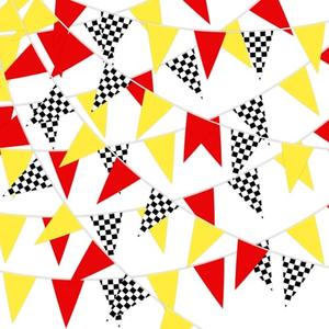MARFOREVER 132 Ft Red Yellow Black White Checkered Flag Banner, 80 Pcs Racing Triangle Flags Race Car Pennant Banner Flag for NASCAR Monster Truck Birthday Baby Shower Party Decorations, 11.8x7.9 inch