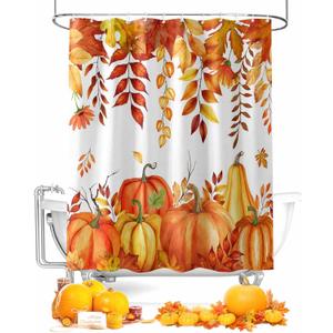 Fall Pumpkins Maple Leaf Shower Curtain Orange Autumn Leaves Harvest Waterproof Shower Curtain with Hooks Thanksgiving Farmhouse Shower Curtains for Bathroom, Hotel, Stalls, Bathtubs, 72x72 Inch