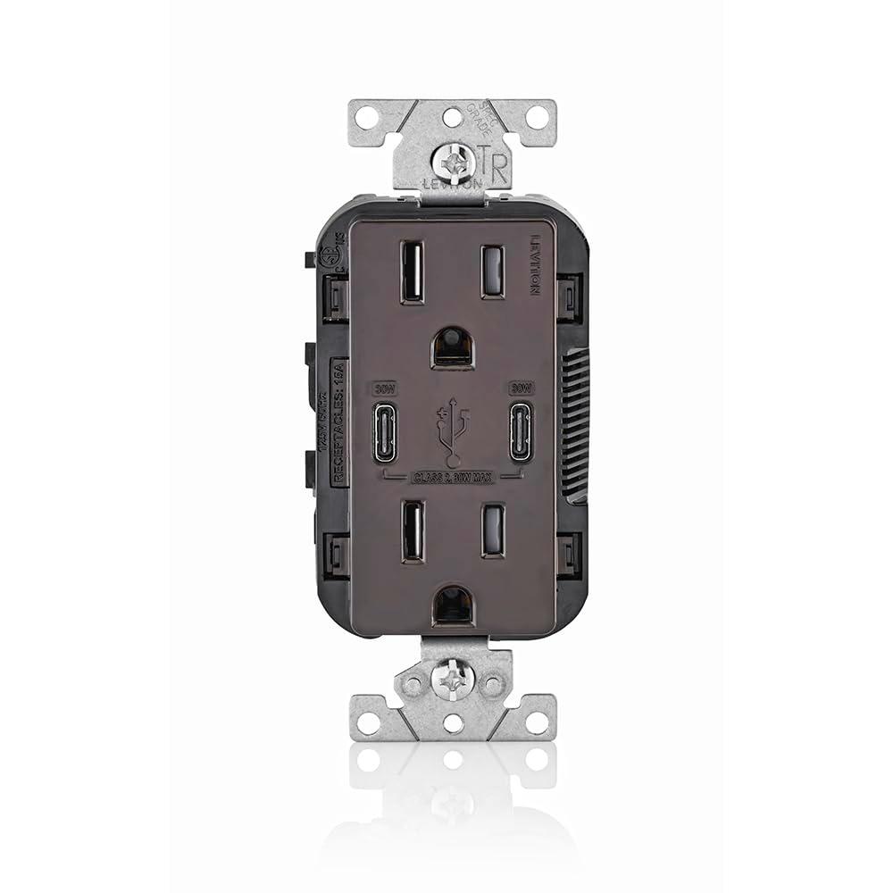Leviton 30W (6A) USB Dual Type-C/C Power Delivery In-Wall Charger with 15A Tamper-Resistant Outlet, USB Charger for Smartphones, Tablets, Laptops, T5635-B, Brown Leviton 30W (6A) USB Dual Type-C/C Power Delivery In-Wall Charger with 15A Tamper-Resistant Outlet, USB Charger for Smartphones, Tablets, Laptops, T5635-B, Brown