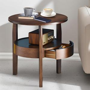 Round Coffee Table with Storage and Hidden Drawer - 20" D x 20" H Natural Wood Side Table with Sliding Drawer, Small Coffee Table for Living Room, Round Nightstand with Drawer, Dark Brown