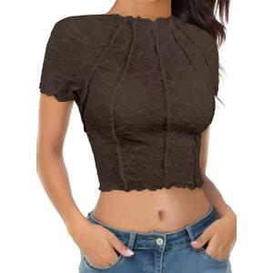 Women's Short Sleeves Y2K Mock Neck Crop Top Lace Mesh Solid Color Knit Textured Casual T-Shirt (Brown, XS) Women's Short Sleeves Y2K Mock Neck Crop Top Lace Mesh Solid Color Knit Textured Casual T-Shirt (Brown, XS)