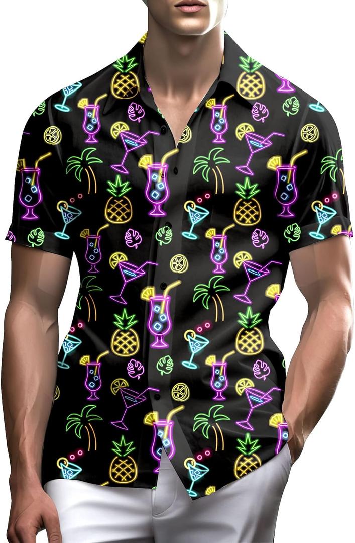Neon Shirts for Men Button Up Shirts,Mens Neon Shirt Hawaiian Shirt for Men,Mens Beach Shirts Neon Clothes (Large)