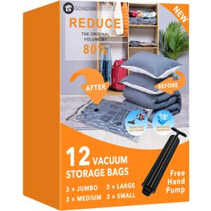 12 Pack Vacuum Storage Bags (3 Jumbo, 3 Large, 3 Medium, 3 Small),Plastic Packaging Bags,Space Saver Sealer Compression Bags with Travel Hand Pump for Blankets, Comforters, Pillows, Clothes Storage (12 Combo)