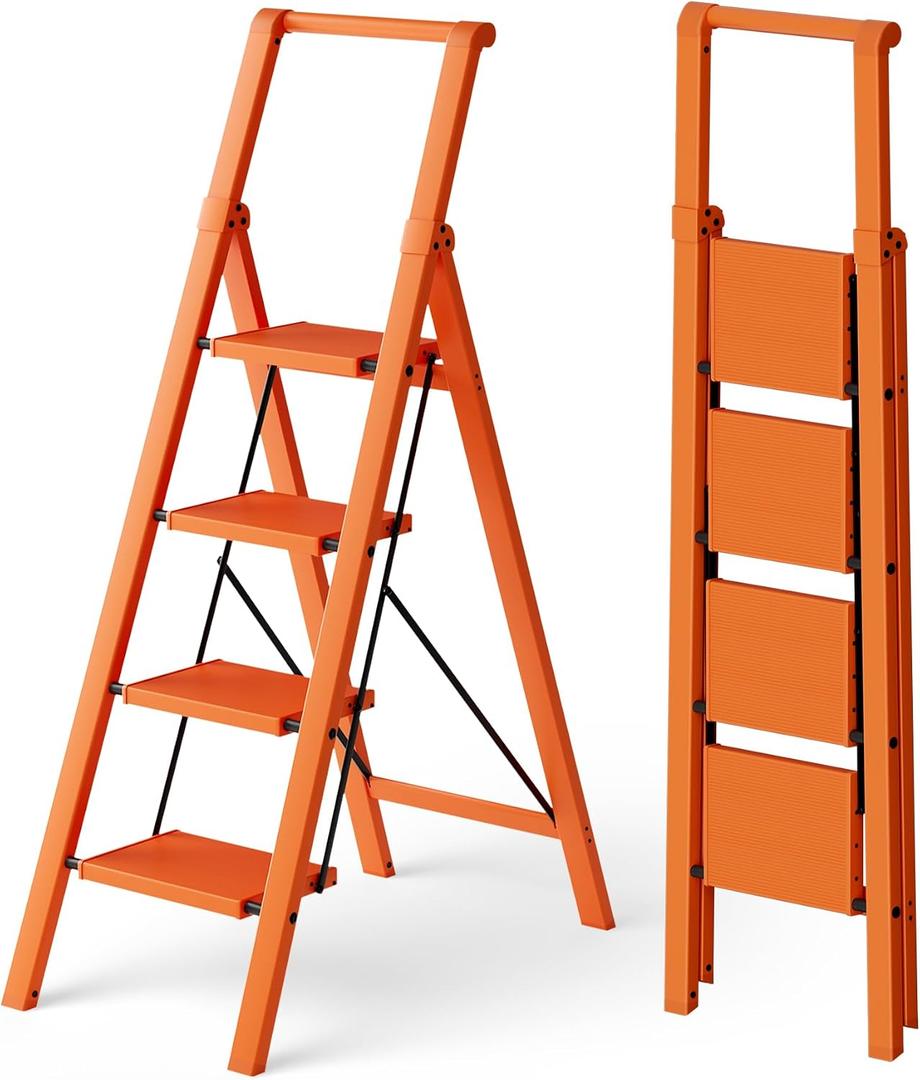 HillhutApex Aluminum 4 Step Ladder, Step Stool Foldable Ladder(Orange)