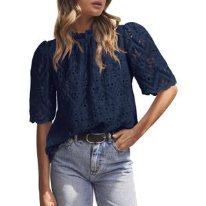 PRETTYGARDEN Womens Summer Tops 2025 Trendy Short Sleeve Eyelet Embroidered Dressy Casual Blouse Shirts (X-Small, Navy) PRETTYGARDEN Womens Summer Tops 2025 Trendy Short Sleeve Eyelet Embroidered Dressy Casual Blouse Shirts (X-Small, Navy)