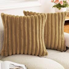Double-Sided Faux Fur Plush Throw Pillow Covers 18x18 Set of 2 Fuzzy Striped Soft Cozy Pillowcase Luxury Decorative Pillows Square Fluffy Cushion Cover for Couch Bed Living Room,Camel