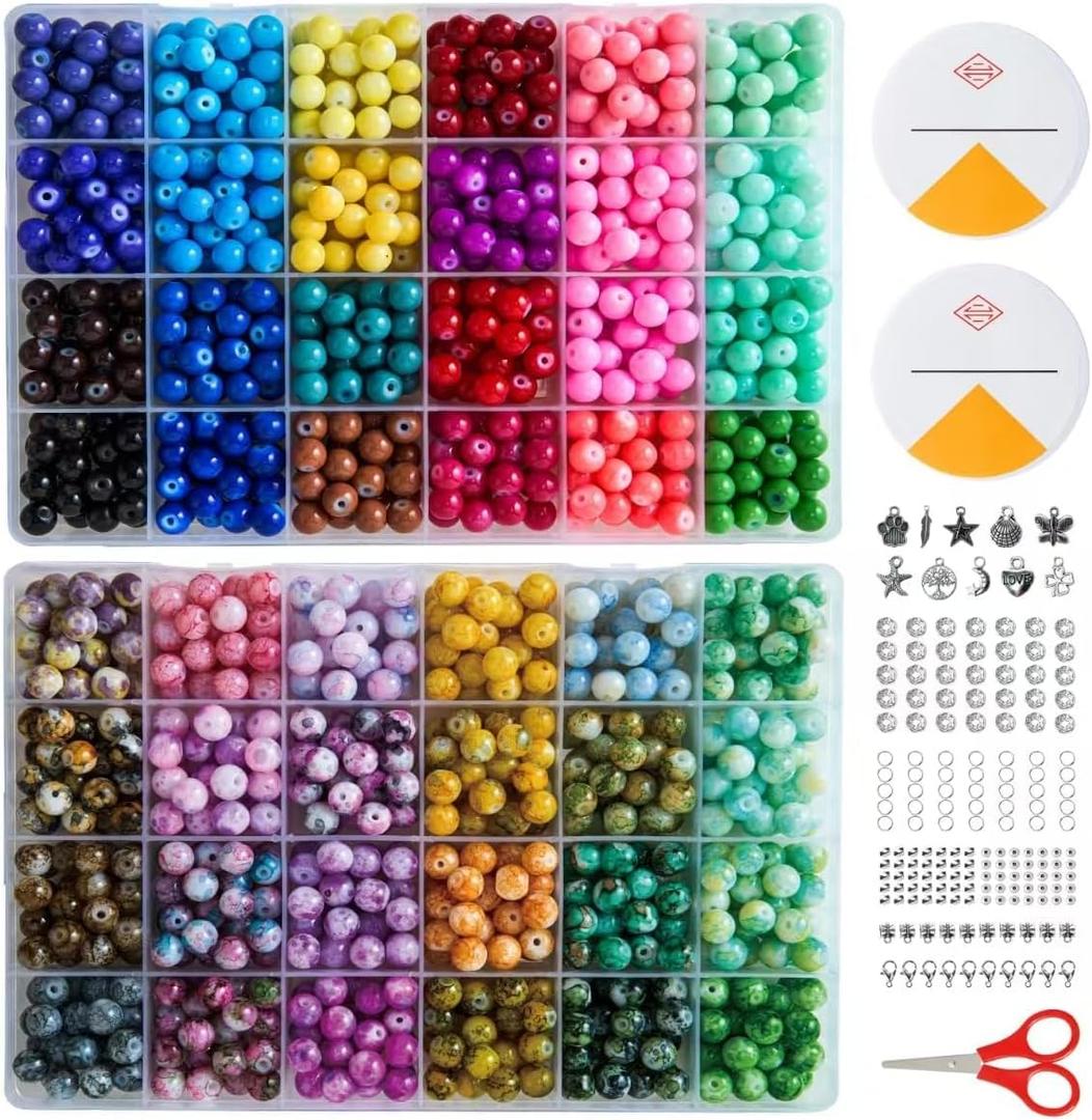 1300 Pcs Round Glass Beads for Jewelry Making  8mm Beads in 48 Colors, 2 Box Set of Bulk Glass Beads for Bracelets, Crafts & DIY Gifts
