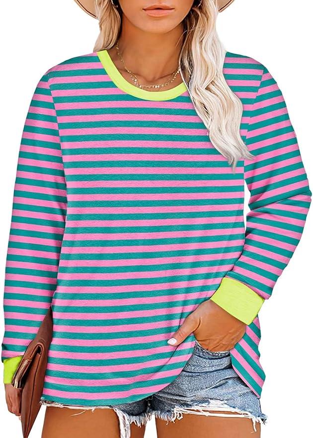 Eytino Plus Size Tops for Women Long Sleeve Crewneck Polka Dot Print Oversized Pullover Shirts Blouse, Medium 