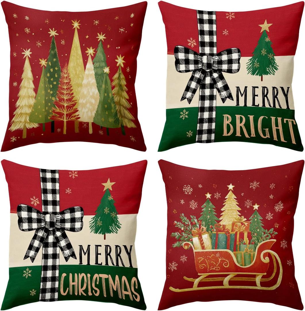 BBOLDIN Farmhouse Christmas Throw Pillow Covers 18x18 Couch Cushion Covers, Rustic Country Xmas Sled Tree Snowflake Decorations for Office Bedroom Sofa, Holiday Red Pillow Cases Winter Decor Set of 4