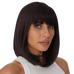 Onpep Bob Wig with Bangs Darkest Brown Short Straight Wigs for Women Shoulder Length Heat Resistant Synthetic Natural Color Wigs