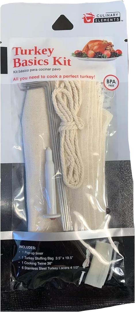 Turkey Basics Kit: Make the Perfect Turkey, Includes Pop-up Timer, Stuffing Bag, Twine & 6 Stainless Steel Turkey Lacers 3 pack