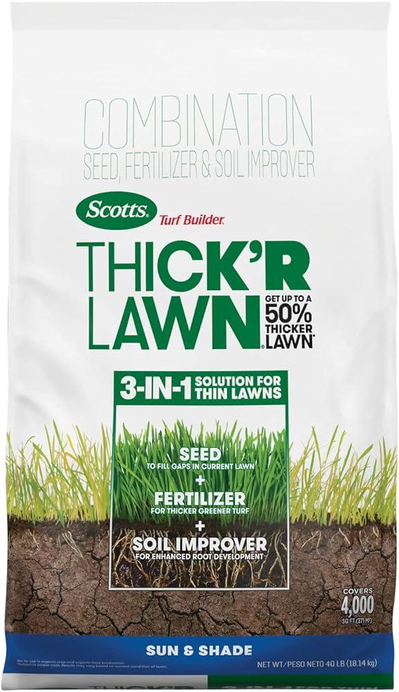 Scotts Turf Builder Thick'R Lawn Grass Seed, Fertilizer and Soil Improver for Sun & Shade, 40 lbs.