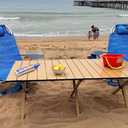 2026 Upgraded Low Roll-Up Travel Table for Beach, Camping & Picnic – Aluminum Frame, Wood-Look Slat Top, 18 in High, Folds into Carry Bag, 47 x 23 x 18 inches