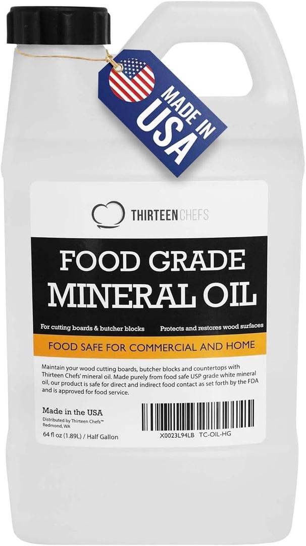 Thirteen Chefs Mineral Oil - 64oz Food Grade Conditioner for Wood Cutting Board, Countertop & Butcher Block, Lubricant for Knife or Meat Grinder - Safe USP Finish on Marble, Soapstone