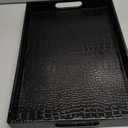 Black Leather Serving Tray with Handles, Glossy Faux Crocodile Print, 17.5x12 Food Drinks Tray for Coffee Table, Breakfast, Dinner & Bar, Decorative Storage Tray for Ottoman, Kitchen, Bedroom, Gift.