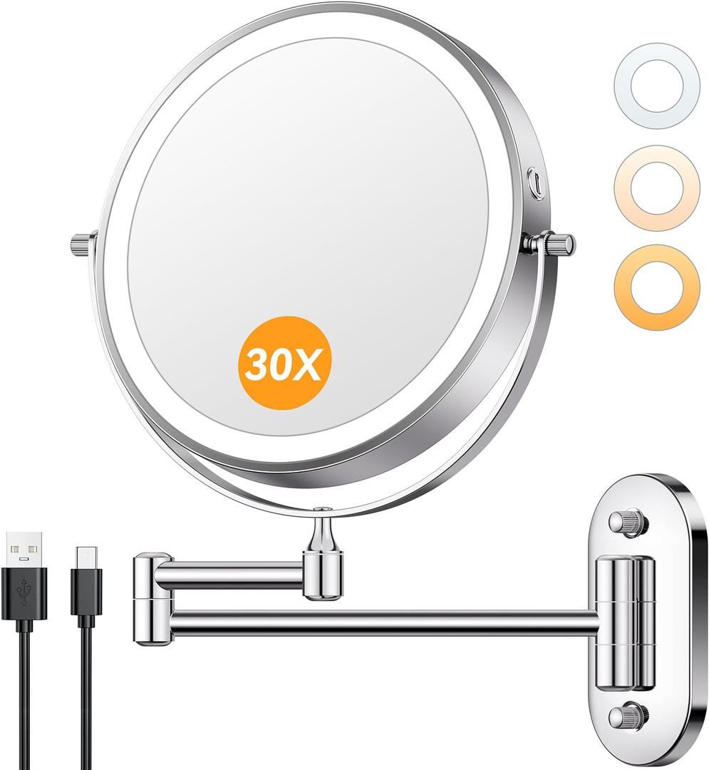 Auxmir 1X/30X Wall Mounted Lighted Makeup Mirror, 8" Rechargeable Double-Sided Magnifying Mirror with Light, Touch Dimmable 3 Color Light, 360° Rotation Foldable Extended Arm, Chrome