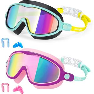 Seago Swim Goggles 2 Pack Anti-Fog Anti-UV Wide View Swimming Goggles for Kids 3-14 (Black Mirror Gold & Green Mirror Pink)