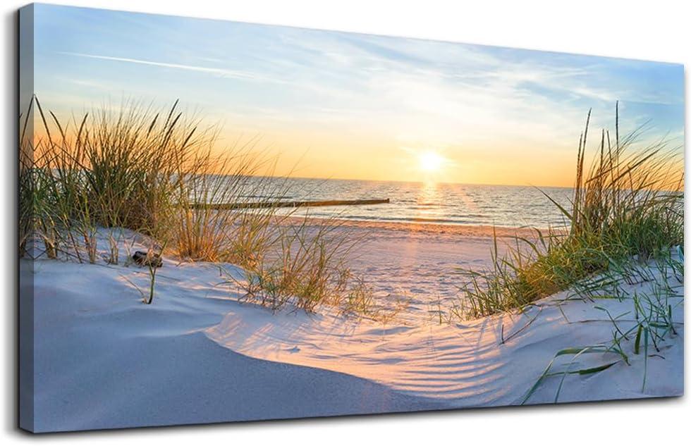 MHARTK66 Wall Decor For Living Room Large Canvas Wall Art For Bedroom Modern Office Pictures Wall Artwork Blue Sun Beach Grass Ocean Landscape Paintings Canvas Art Prints Home Decorations (40L" x 20W")