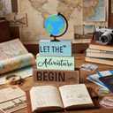 GlikCeil 4 Pcs Adventure Awaits Tiered Tray Decor Earth Day Adventure Wood Table Decoration Travel Party Centerpieces for World Bon Voyage Travel Around The World Party Home Office Desk Shelf Decors