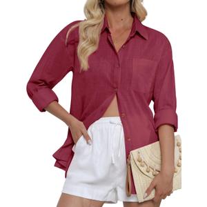 CUNLIN Women's Button Down Shirts Long Sleeve Cotton Summer Beach Wear for Women with Pocket (Medium, 50086_burgundy)