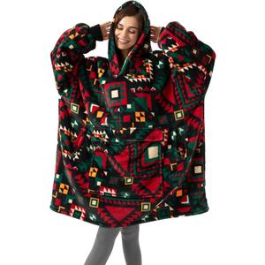 UNIQUEBELLA Wearable Blanket Hoodie with Boho Style, Extra Thick Oversized Flannel Sweatshirt Blanket with Giant Hood Pocket (Warm Christmas)