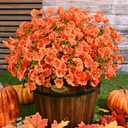 Waipfaru Fall Flowers Artificial for Decoration, 12 Bundles Fake Fall Flowers, UV Resistant Artificial Petunias Plants for Outdoors, Home Decor Planter Porch Decoration, Pot Not Include, Green Orange (Brown)
