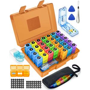 Monthly Pill Organizer 3 Times a Day – Yonlog Large Medicine Box with Weekly Travel Bag, Pill Cutter, Easy-Open Pick, Pill Taker Tool, and 2 Medication Stickers (Tea, 3 Times a Day)
