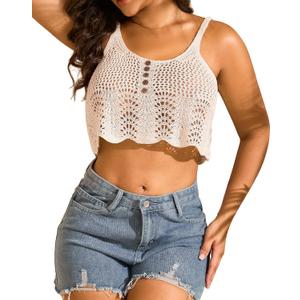 Women's Crochet Tank Top Sleeveless Scoop Neck Hollow Out Knit Cami (Beige, L)
