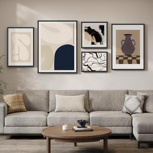 Large Framed Black and White Abstract Wall Art for Living Room, 5 Piece Set, 16x24 in/24x32 in/16x16 in/12x16 in/20x28 in