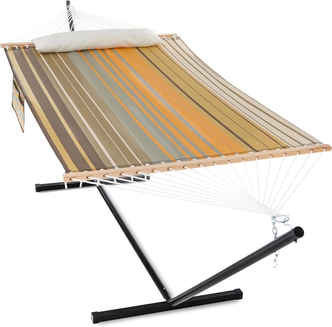 Gafete Waterproof Double Hammock with Stand for Outside Heavy Duty, 2 Person 55'' Large Quick Dry Textilene Hammocks with Hardwood Spreader Bar, Pillow, Pockets, for Outdoor, 475lbs Capacity (Coffee)
