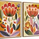 Framed 2pcs Scandinavian Folk Wall Art Nodic Flower Orange Canvas Boho Wall Decor Swedish Antique Vintage Floral Prints Modern Norwegian Posters Pictures for Living Room Bedroom Home Decor 24"x16"x2