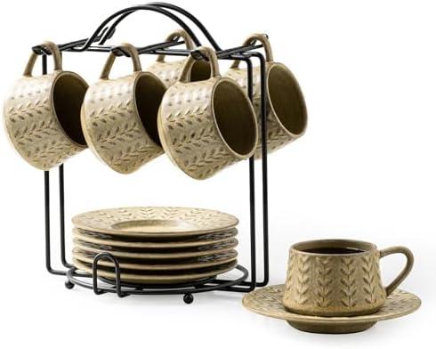 KOKUNKA Espresso Cups Set with Saucer and Metal Stand, Porcelain Small Demitasse Cups Cappuccino Cups for Espresso, Latte, Cafe Mocha, Cappuccino, and Tea, 4 oz, Set of 6, Yellow