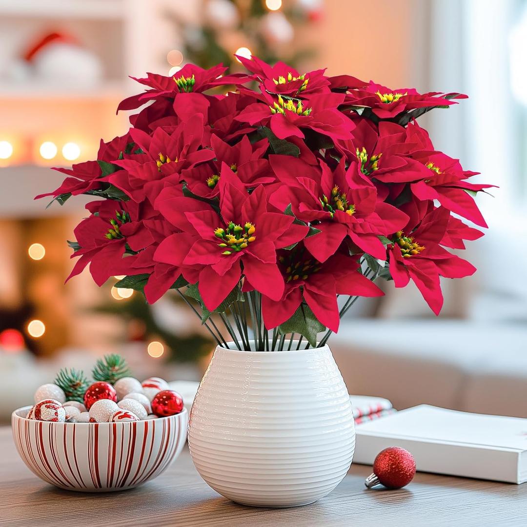 Alupssuc 8 Pack 7 Heads 17in Poinsettia Christmas Flowers Artificial Velvet Fake Poinsettia Bouquet, Indoor & Outdoor Christmas Tree Decorations for Vase Table Porch Garden Decor, Red
