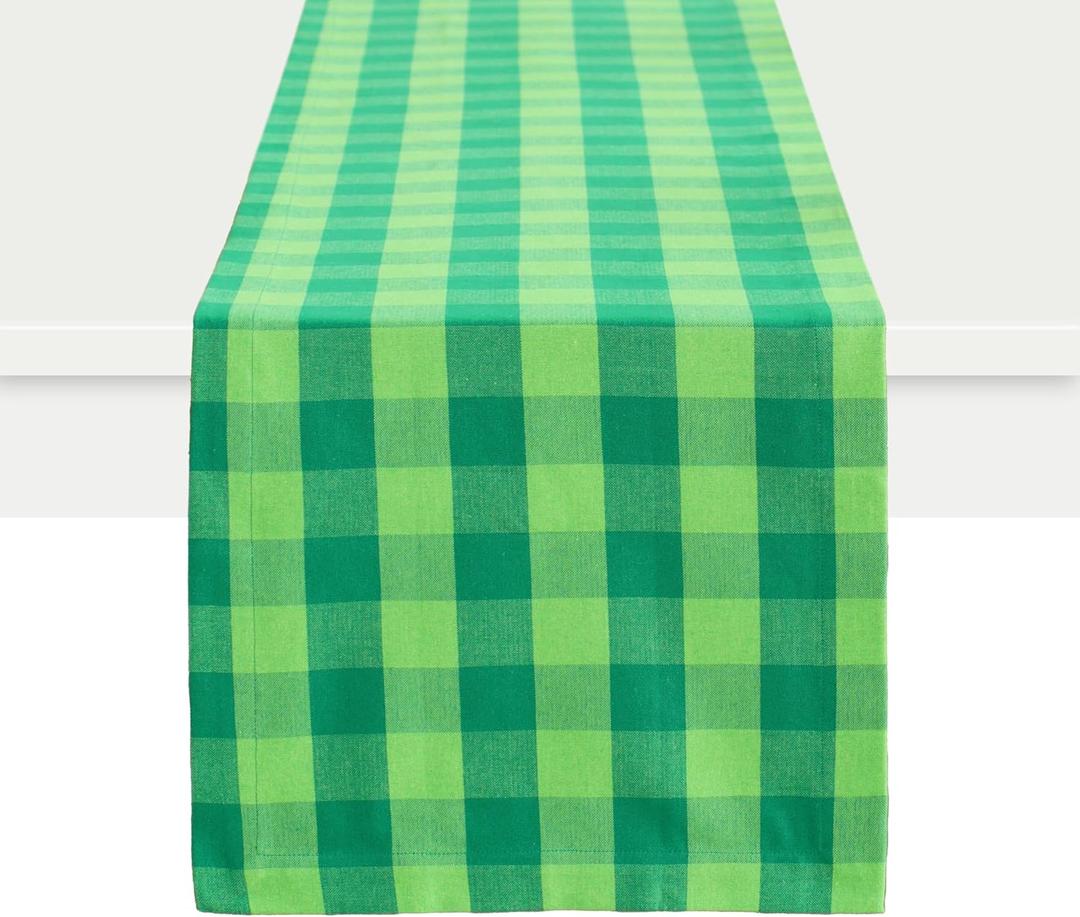 PurpleEssences Buffalo Plaid Table Runner Classic Farmhouse 100% Cotton Checkered Farmhouse Table Runner for St Patricks Day Summer Table Decor - 14x72 Inch - St Patricks Green