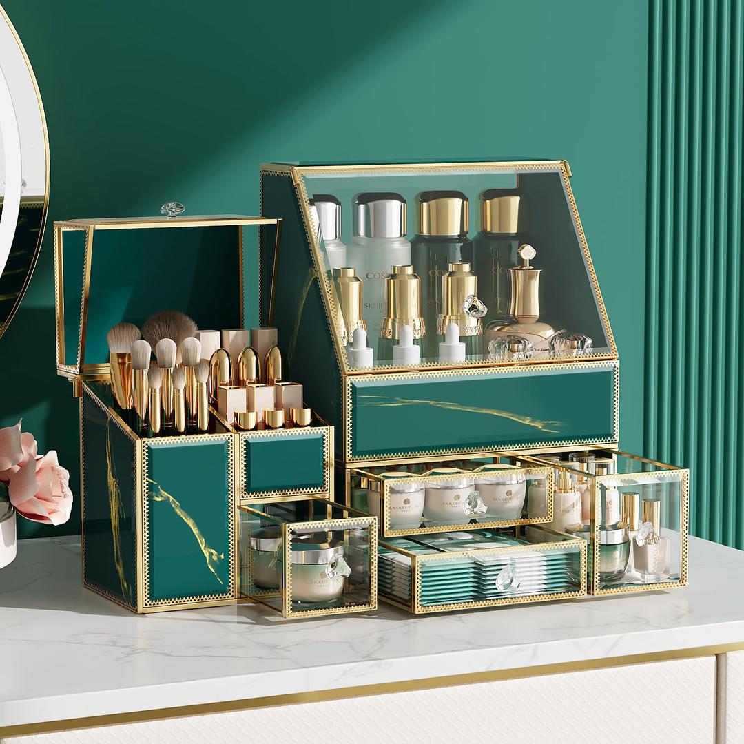 CoralHouse Makeup Organizer Green Large Vanity Organizer for Skincare, Lipsticks, Perfume & Brushes Countertop Cosmetic Storage Box for Women, Bathroom or Dresser.