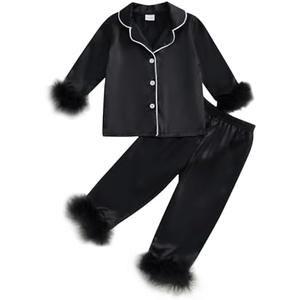 Toddler Girl Satin Silk Pajamas Button Down Feather Trim Fuzzy Shirt and Long Pants Little Girls Sleepwear Nightgown, 3-4Y
