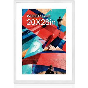 20x28 Poster Frame Matted to 16x24 White Soild Wood Display Picture Puzzle Artwork Canvas Art Painting 16 by 24 with Mat Opening or 20 x 28 without Mat Horizontal or Vertical for Wall Hanging