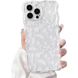 NITITOP Compatible with iPhone 12 Pro Case Curly Clear Cute Floral Flower Leaves Design for Women Girls Artistic Wavy Frame Soft TPU Shockproof Protective Full Camera Protection Cover - White
